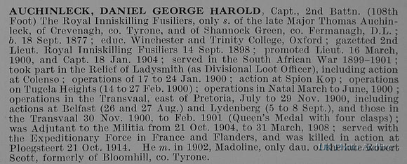 Auchinleck D G H Captain 2nd Royal Inniskilling Fusiliers Obit