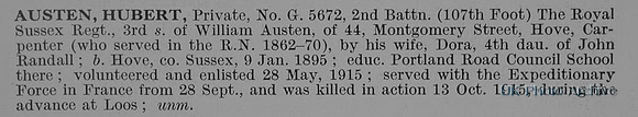 Austen H Pte G-5672 2nd Royal Sussex Regiment Obit