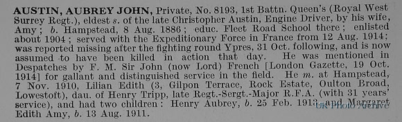 Austin A J Pte 8193 1st Queens Royal West Surrey Regiment Obit