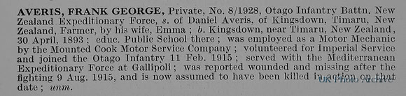 Averis F G Pte 8-1928 Otago Infantry Btn NZEF Obit