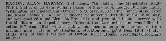 Bacon A H 2nd Lt 7th Manchester Regiment Obit