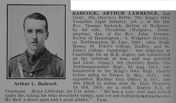 Badcock A L 2nd Lt 6th Kings Own Yorkshire Light Infantry Obit