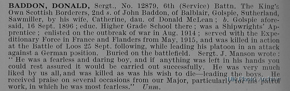 Baddon D Sergt 12879 6th Kings Own Scottish Borderers Obit