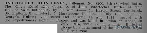 Badetscher J H Rfn 8200 7th Kings Royal Rifle Corps Obit