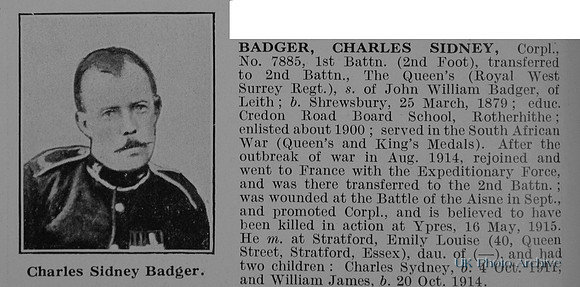 Badger C S Cpl 7885 1st Attd 2nd Queens Royal West Surrey Regiment Obit