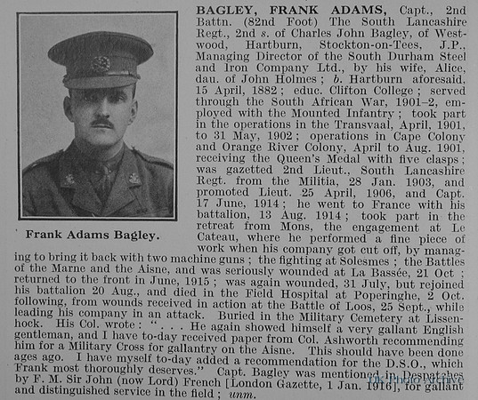 Bagley F A Captain 2nd South Lancs Regiment Obit