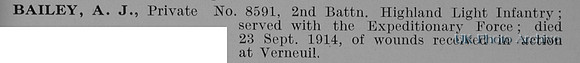 Bailey A J Pte 8591 2nd Highland Light Infantry Obit