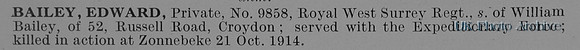 Bailey E Pte 9858 2nd Queen's Royal West Surrey Regiment Obit