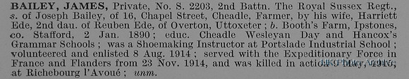 Bailey J Pte S/2203 2nd Royal Sussex Regiment Obit