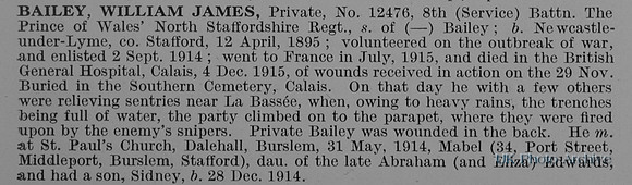 Bailey W J Pte 12476 8th North Staffs Regiment Obit