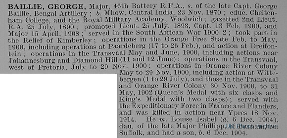 Baillie G Major Royal Field Artillery Obit