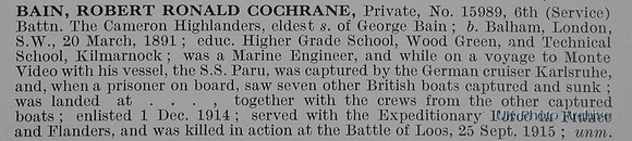 Bain R R C Pte 15989 6th Cameron Highlanders Obit