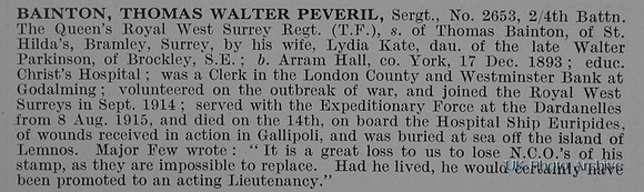 Bainton T W P Sergt 2653 4th Queens Royal West Surrey Regiment Obit