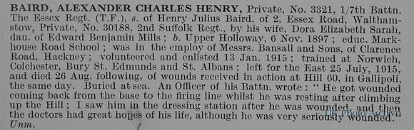 Baird A C H Pte 3321 7th Essex Regiment Obit