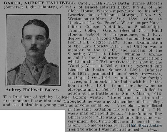 Baker A H Captain 4th Somerset Light Infantry Obit