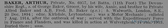 Baker A Pte 6957 1st Devonshire Regiment Obit