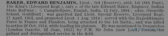 Baker E B Lt 1st Kings Liverpool Regiment Obit