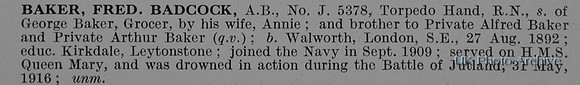 Baker F B AB J/5378 HMS Queen Mary Royal Navy Obit