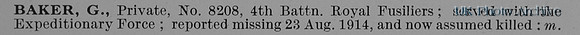 Baker G Pte 8208 4th Royal Fusiliers Obit