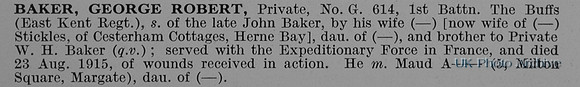 Baker G R Pte G/614 1st East Kent Regiment Obit