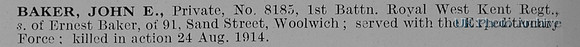 Baker J E Pte 8185 1st Royal West Kent Regiment Obit
