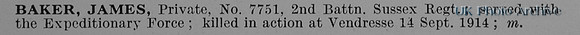 Baker J Pte 7751 2nd Royal Sussex Regiment Obit