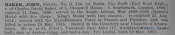 Baker J Pte G/156 1st East Kent Regiment Obit