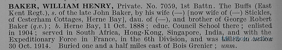 Baker W H Pte 7059 1st East Kent Regiment Obit
