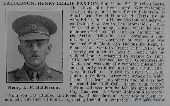 Balderson H L P 2nd Lt 8th Devonshire Regiment Attd Gloucestershire Regiment Obit Part 1