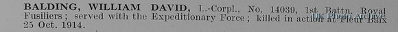 Balding W D L/Cpl 14039 1st Royal Fusiliers Obit