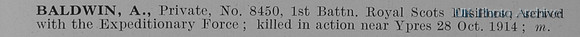 Baldwin A Pte 8450 1st Royal Scots Fusiliers Obit