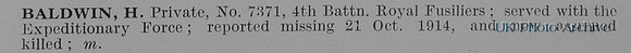 Baldwin H Pte 7371 4th Royal Fusiliers Obit