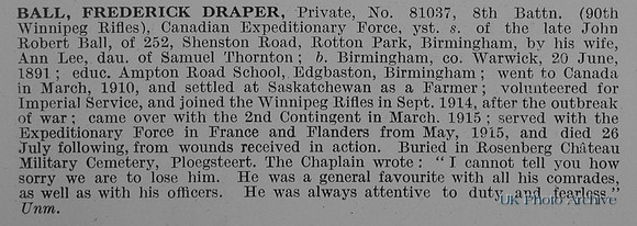 Ball F D Pte 81037 8th Canadian Expeditionary Force Obit
