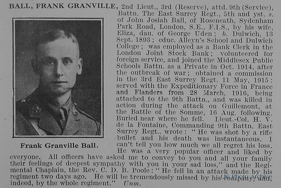 Ball F G 2nd Lt 9th East Surrey Regiment Obit