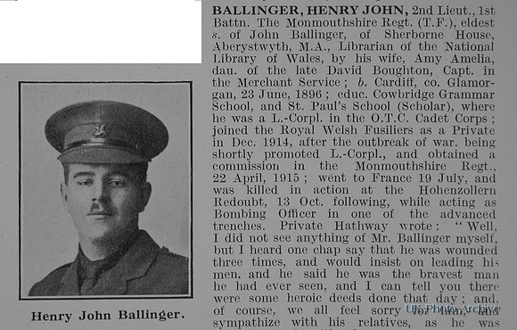 Ballinger H J 2nd Lt 1st Monmouthshire Regiment Obit Part 1