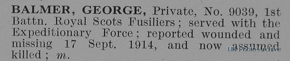 Balmer G Pte 9039 1st Royal Scots Fusiliers Obit