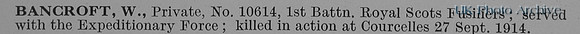 Bancroft W Pte 10614 1st Royal Scots Fusiliers Obit