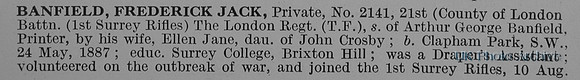 Banfield F J Pte 2141 21st London Regiment Obit Part 1