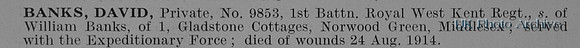 Banks D Pte 9853 1st Royal West Kent Regiment Obit