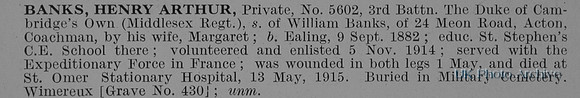 Banks H A Pte 5602 3rd Middlesex Regiment Obit