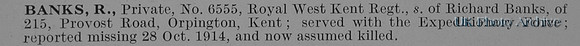 Banks R Pte 6555 1st Queen's Own Royal West Kent Regiment Obit