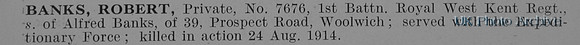 Banks R Pte 7676 1st Queens Own Royal West Kent Regiment Obit