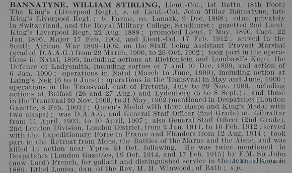 Bannatyne W S Lt Col 1st King's Liverpool Regiment Obit