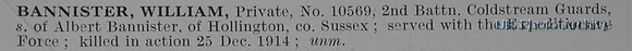 Bannister W Pte 10569 2nd Coldstream Guards Obit