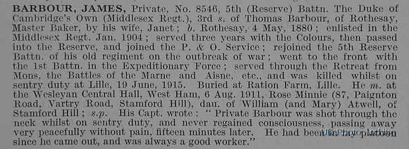 Barbour J Pte 8546 5th Middlesex Regiment Obit