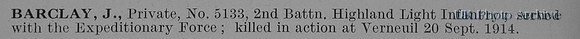 Barclay J Pte 5133 2nd Highland Light Infantry Obit