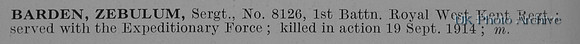 Barden Z Sergt 8126 1st Queens Own Royal West Kent Regiment Obit