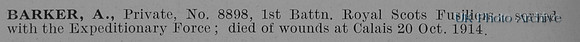 Barker A Pte 8898 1st Royal Scots Fusiliers Obit