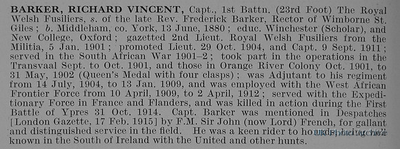 Barker R V Captain 1st Royal Welsh Fusiliers Obit