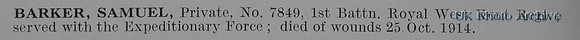 Barker S Pte 7849 1st Queens Own Royal West Kent Regiment Obit